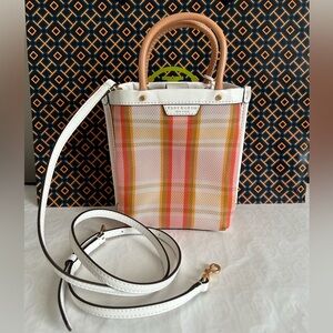 Tory Burch Mini Perry Mesh Tote Canyon Flower Plaid White Pink Tan Yellow Gold